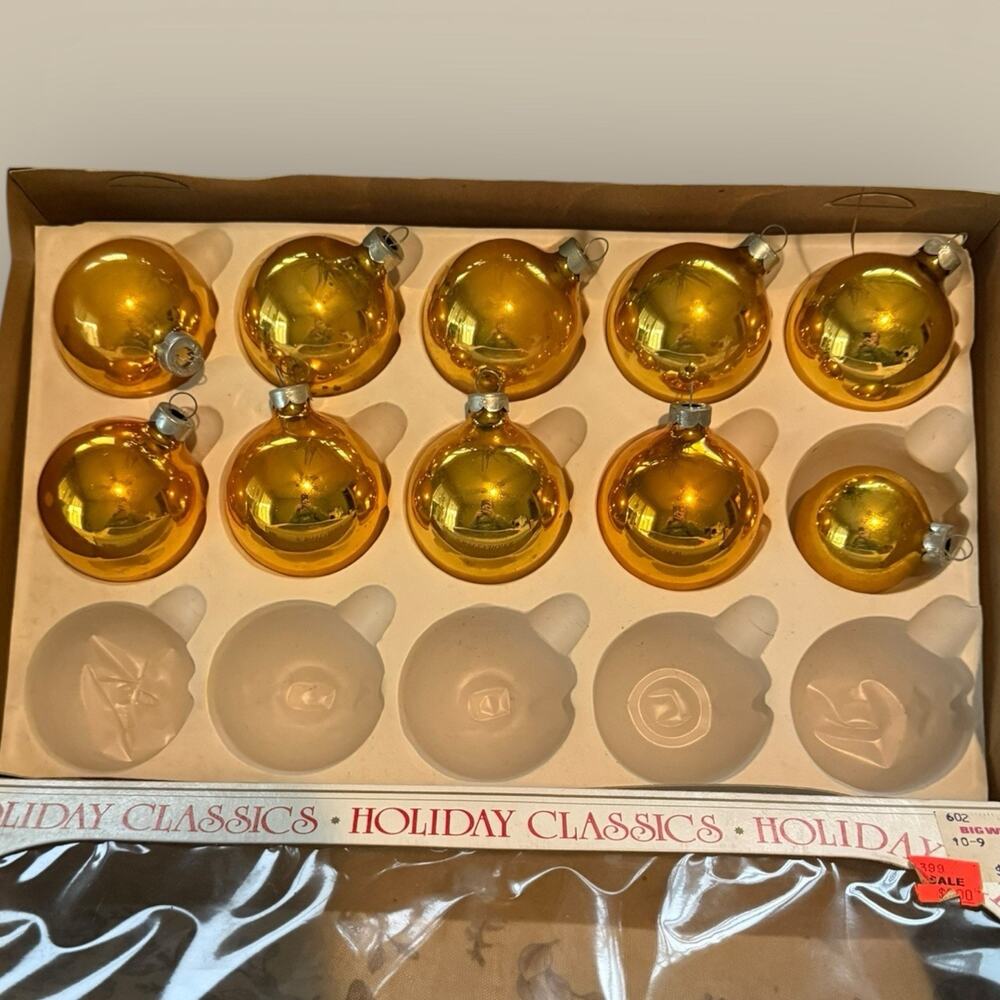 VTG Christmas Ornaments Original Box 60s Glass Coby USA Gold Lot 10 Metal Cap